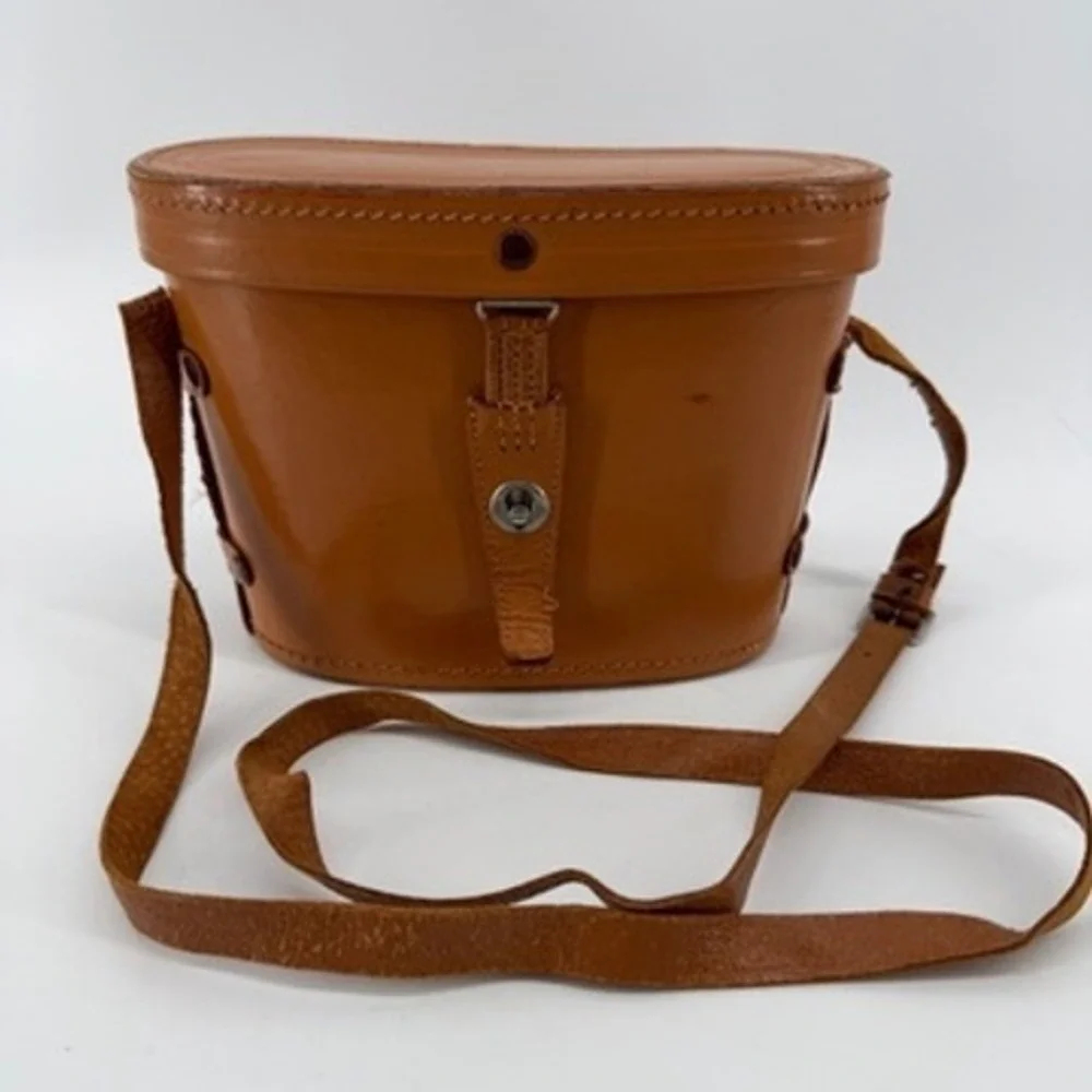 Vintage Tan Leather Hard Shell Binocular Case Purple Velvet Lined Crossbody Bag